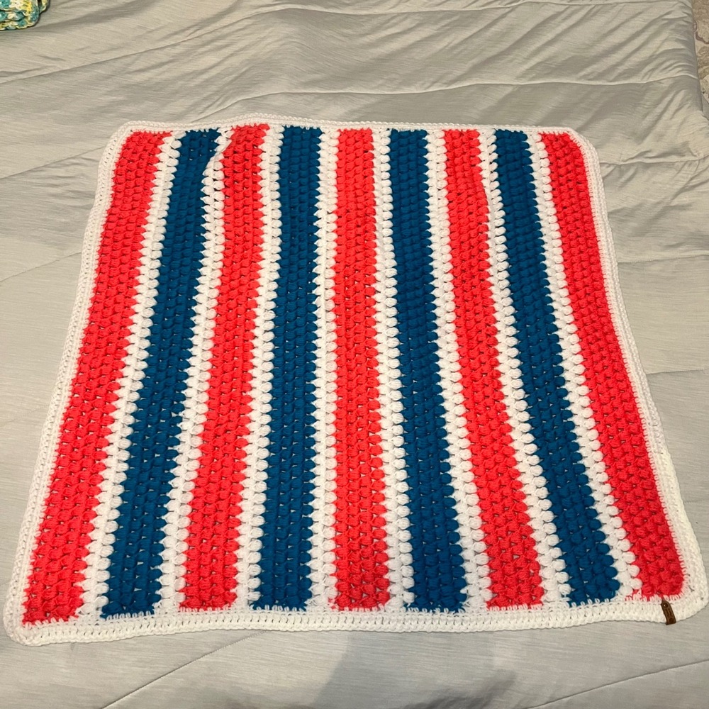 Handmade Crochet Baby Blanket Vibrant Pink Teal White Striped Knit Afghan